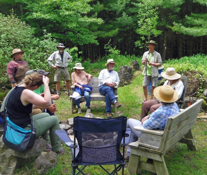 Group sitting in circle around firepit.